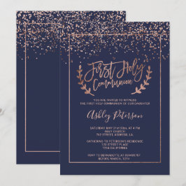 Roos gold confetti navy blue chic first communique kaart