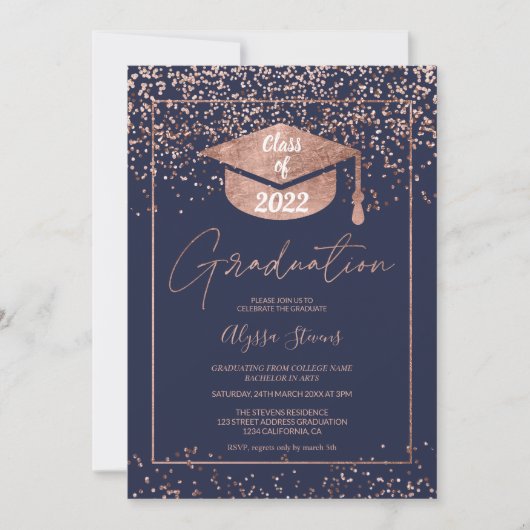 Roos gold confetti navy blue script afstuderen kaart (Voorkant)