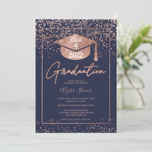 Roos gold confetti navy blue script afstuderen kaart (Staand voorkant)