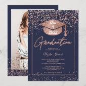 Roos gold confetti navy blue script afstuderen kaart (Voorkant / Achterkant)