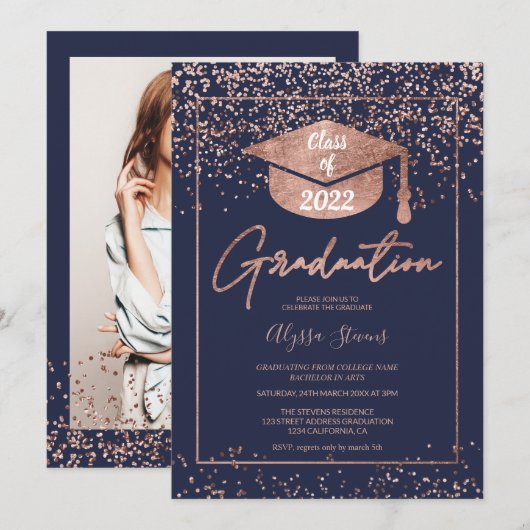 Roos gold confetti navy blue script afstuderen kaart (Voorkant / Achterkant)