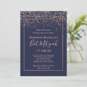 Roos gold confetti navy blue script bat Mitzvah Kaart (Staand voorkant)