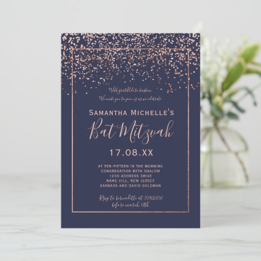 Roos gold confetti navy blue script bat Mitzvah Kaart (Staand voorkant)