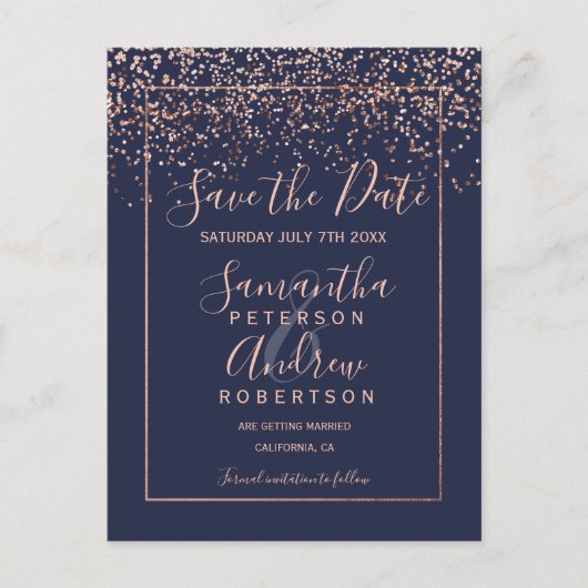 Roos gold confetti navy blue script behalve de dat aankondigingskaart (Voorkant)
