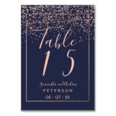 Roos gold confetti navy blue script trouwtafel kaart (Voorkant)