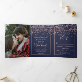 Roos gold confetti navy blue typografie bruiloft drieluik uitnodiging