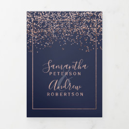 Roos gold confetti navy blue typografie bruiloft drieluik uitnodiging
