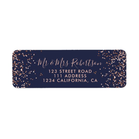 Roos gold confetti navy blue typografie bruiloft etiket (Voorkant)