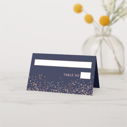 Roos gold confetti navy blue typografie bruiloft plaatskaartje (Voorkant)
