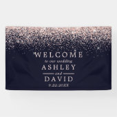 Roos Gold Confetti Navy Blue Wedding Welcome Spandoek (Horizontaal)