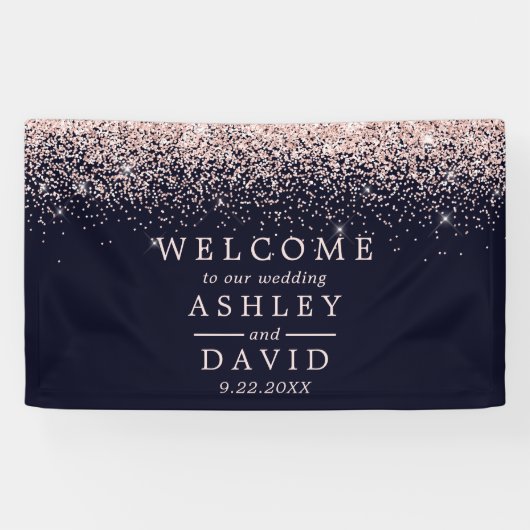 Roos Gold Confetti Navy Blue Wedding Welcome Spandoek (Horizontaal)
