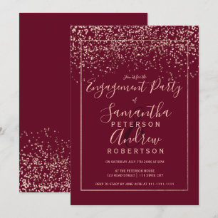 Roos gold confetti red burgundy script verloving kaart