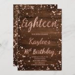 Roos gold confetti rustic wood 18th Birthday Kaart<br><div class="desc">Faux roos gold confetti splatters rustic brown wood 18th Birthday custom name. Een moderne 18e feestdag met moderne, originele en eenvoudige houten roos gouden folie-uitnodiging met roos gouden confetti splatters en handgeschreven penseeltypografie achttien. Als u een gewijzigde en aangepaste tekst nodig hebt, aarzel dan niet om contact met mij op...</div>