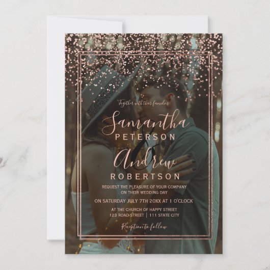 Roos gold confetti script border foto bruiloft kaart (Voorkant)