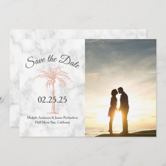 Roos Gold Copper Palm Tree Marble Photo Wedding Save The Date (Voorkant / Achterkant)