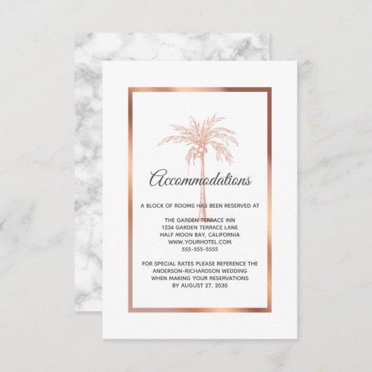 Roos Gold Copper Palm Tree Wedding Accommodations Informatiekaartje (Voorkant / Achterkant)