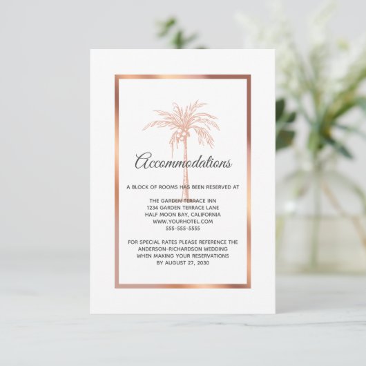 Roos Gold Copper Palm Tree Wedding Accommodations Informatiekaartje (Staand voorkant)