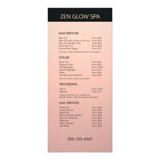 Roos Gold Copper Salon Price List Service Menu (Voorkant)