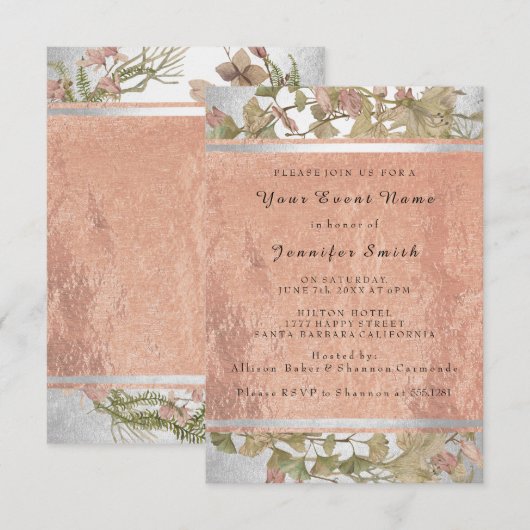 Roos Gold Copper Silver Floral Bridal 16e Groen Kaart (Voorkant / Achterkant)