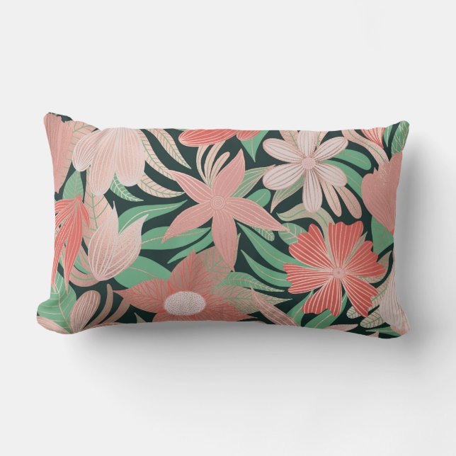 Roos Gold Coral Green Floral Leaves Illustrations Kussen (Voorkant)