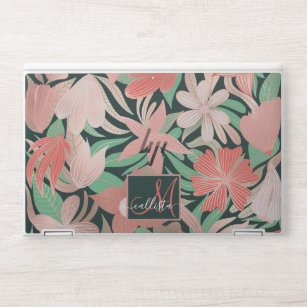 Roos Gold Coral Green Floral Leaves Monogram HP Laptopsticker