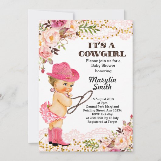 Roos Gold Cowgirl Baby shower Meisje Kaart (Voorkant)