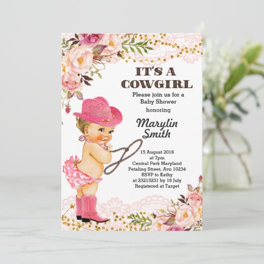 Roos Gold Cowgirl Baby shower Meisje Kaart (Staand voorkant)