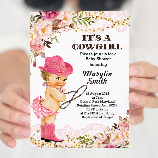 Roos Gold Cowgirl Baby shower Meisje Kaart