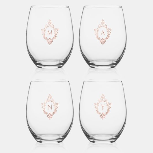 Roos Gold  Crests 4 Roze Monogram Initialen Wijnglas Zonder Voet