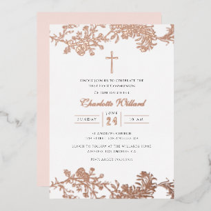 Roos Gold Cross Meisjes Eerste Communie Folie Uitnodiging