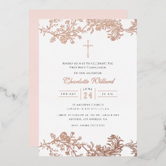 Roos Gold Cross Meisjes Eerste Communie Folie Uitnodiging (Voorkant / Achterkant)