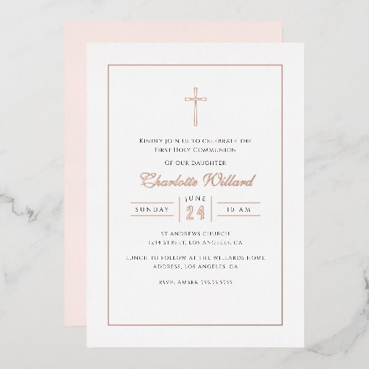 Roos Gold Cross Meisjes Eerste Communie Folie Uitnodiging (Voorkant / Achterkant)