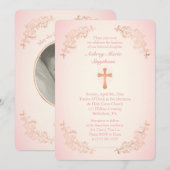 Roos Gold Cross - roze Baptisme Foto Uitnodiging (Voorkant / Achterkant)