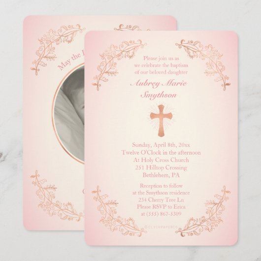 Roos Gold Cross - roze Baptisme Foto Uitnodiging (Voorkant / Achterkant)