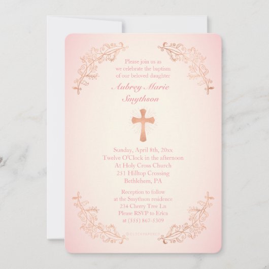 Roos Gold Cross - roze Baptisme Foto Uitnodiging (Voorkant)