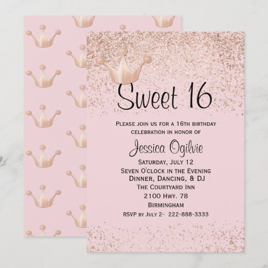 Roos Gold Crown Pink Sweet 16 Birthday Invitation Kaart (Voorkant / Achterkant)
