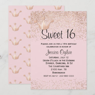 Roos Gold Crown Pink Sweet 16 Birthday Invitation Kaart