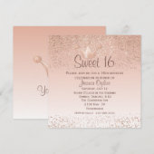 Roos Gold Crown Sweet 16 verjaardagsuitnodiging Kaart (Voorkant / Achterkant)