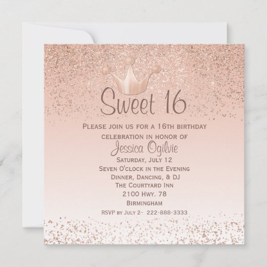 Roos Gold Crown Sweet 16 verjaardagsuitnodiging Kaart (Voorkant)