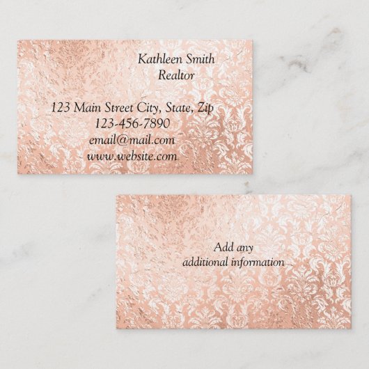 Roos Gold Damask Elegant Script Visitekaartje (Voorkant / Achterkant)