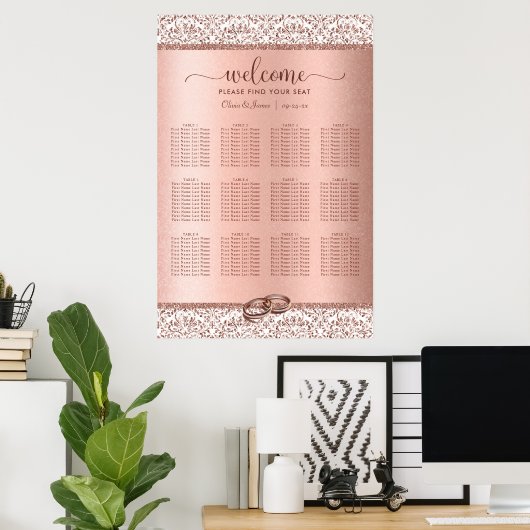 Roos Gold Damask Elegant Wedding Seding Chart Poster (Thuiskantoor)