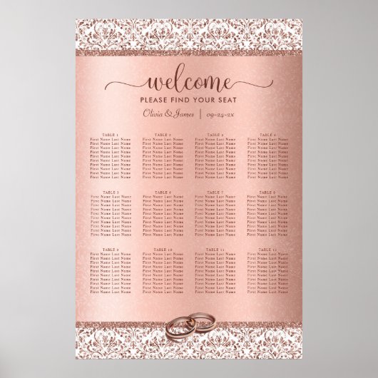 Roos Gold Damask Elegant Wedding Seding Chart Poster (Voorkant)