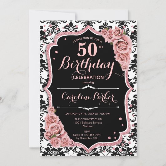 Roos Gold Damask Foto 50e Verjaardag Kaart (Voorkant)