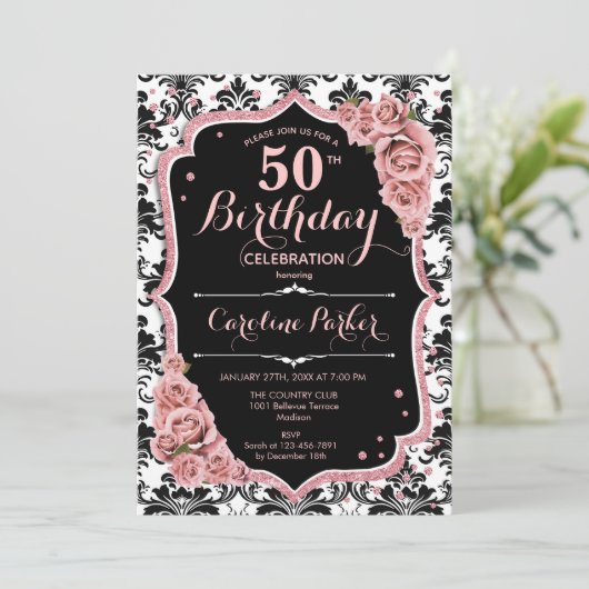 Roos Gold Damask Foto 50e Verjaardag Kaart (Staand voorkant)