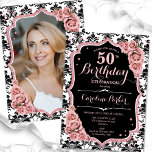 Roos Gold Damask Foto 50e Verjaardag Kaart<br><div class="desc">Elegante bloemenuitnodiging voor de 50e verjaardag met uw foto aan de achterkant van de kaart. Glam zwart en roze ontwerp met faux glitter roos goud. Beschikt over zwart-wit damast patroon, blush roze rozen, script lettertype en confetti. Perfect voor een stijlvol volwassen feestje. Personaliseer met je eigen gegevens. Kan voor om...</div>