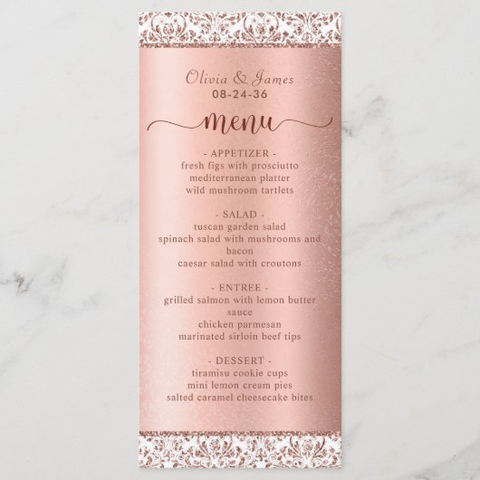 Roos Gold Damask Glitter Elegant Wedding Menu (Voorkant)