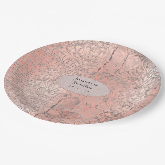 Roos Gold Damask Krantenpapier Bruiloft Papieren Bordje (Gekanteld)