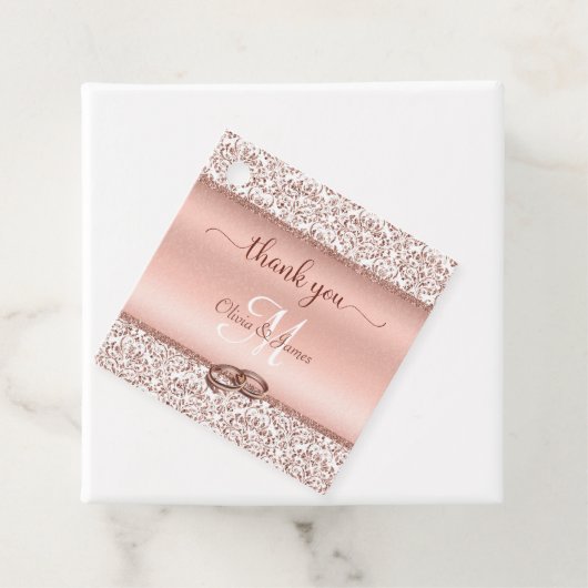 Roos Gold Damask Monogram Weddenschap Hartelijk da Bedankjes Labels (In situ)
