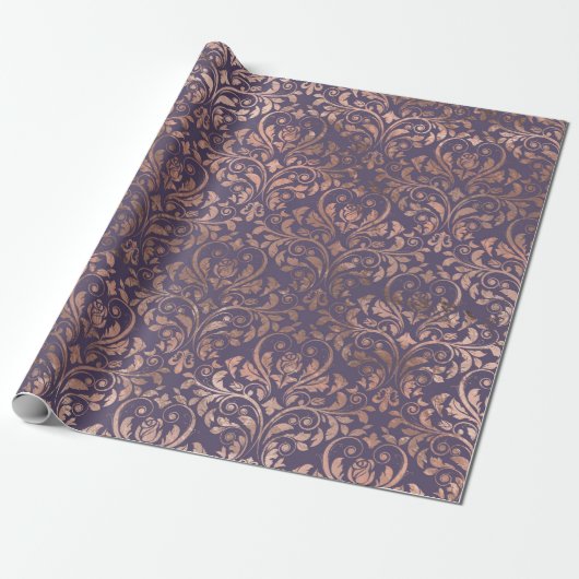Roos Gold Damask op Paars Cadeaupapier (Uitgerold)