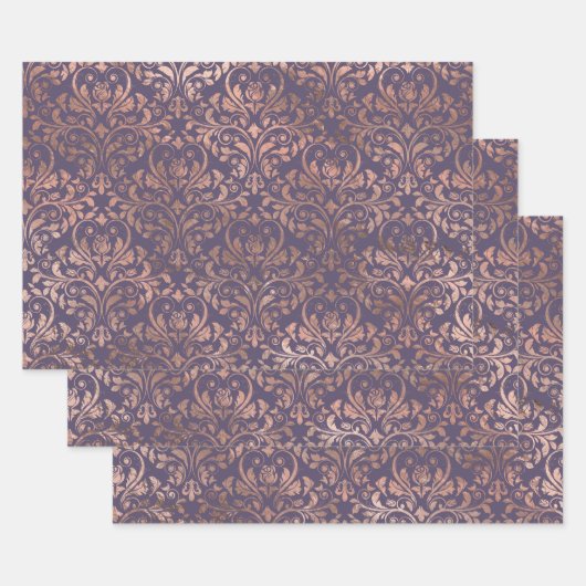 Roos Gold Damask op Paars Inpakpapier Vel (Set)